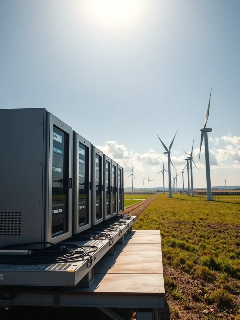 Edge computing devices processing data near a wind turbine farm, illustrating reduced latency and faster decision-making in remote locations.