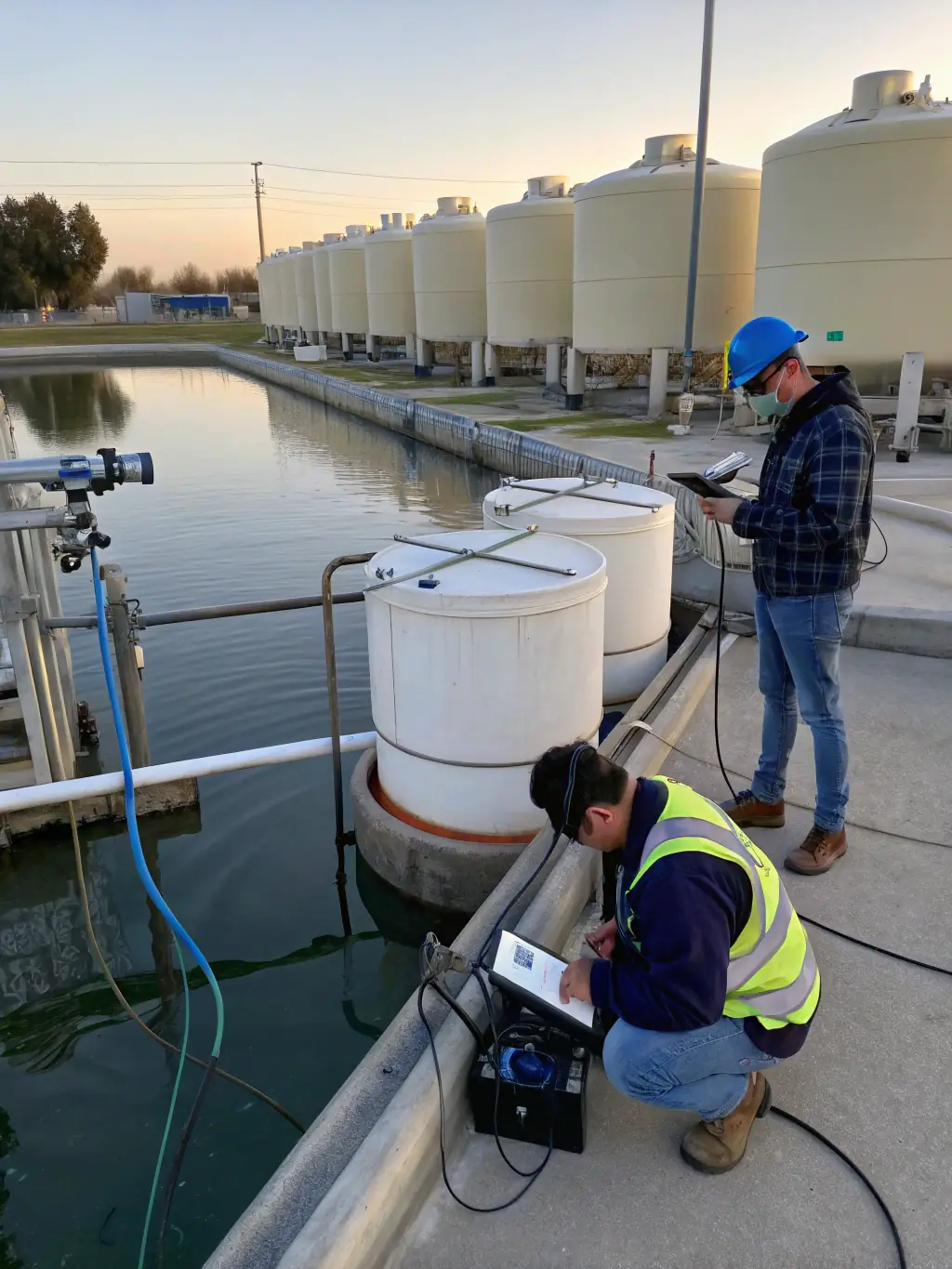 A detailed photograph of a modern water treatment plant, showcasing advanced filtration and purification systems, set against a backdrop of a clean water reservoir.