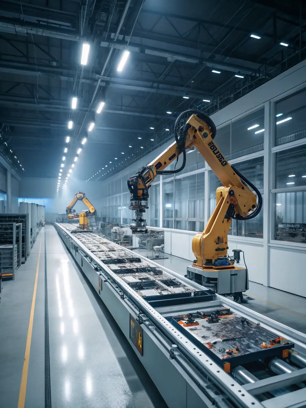 A dynamic image of a smart factory floor, featuring automated robotic arms, conveyor belts, and digital displays, all seamlessly integrated and operating in real-time.
