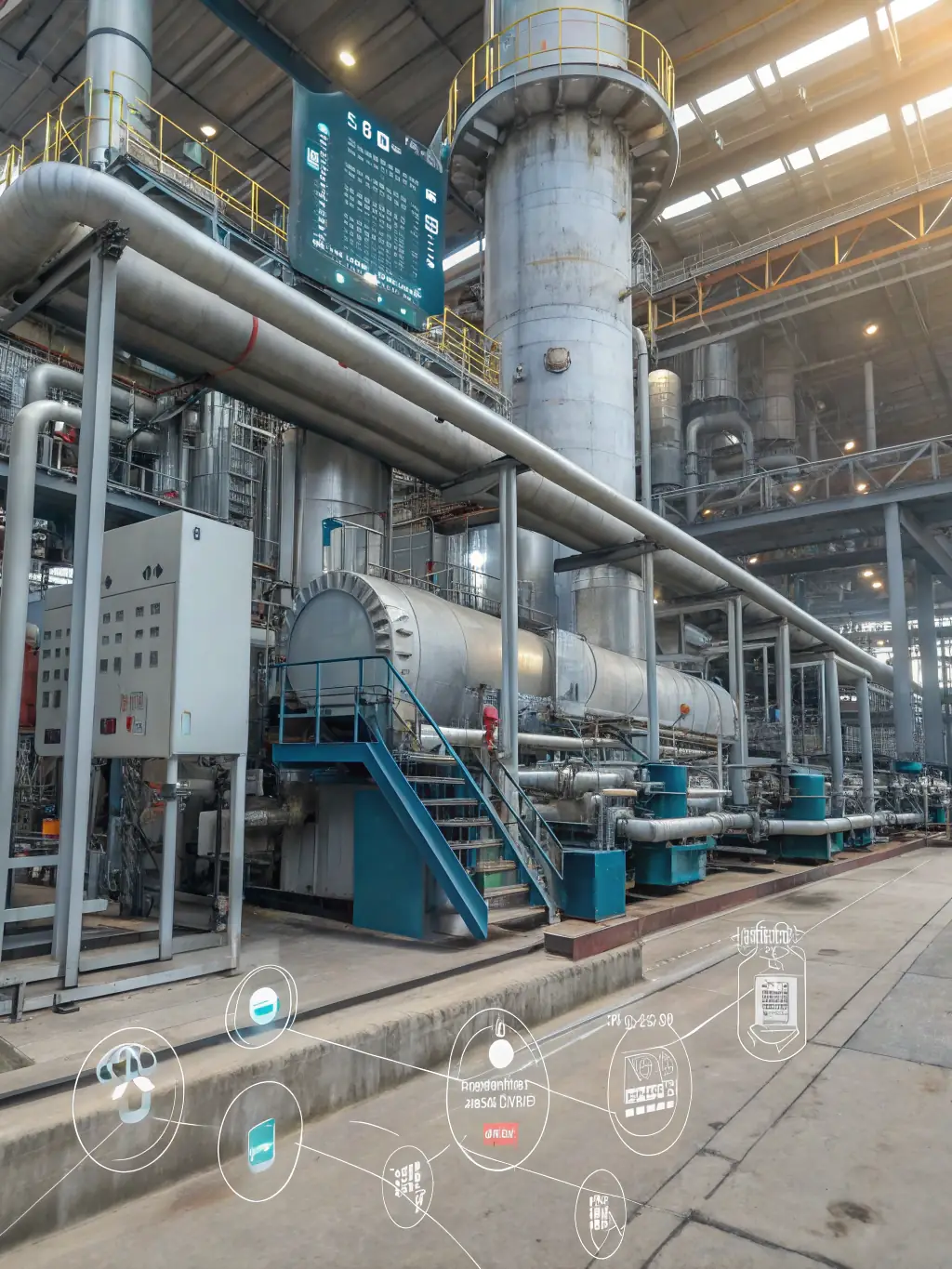 A digital twin of a manufacturing plant, displaying real-time data overlays and performance metrics, showcasing Phygital X's data-driven operations solutions.