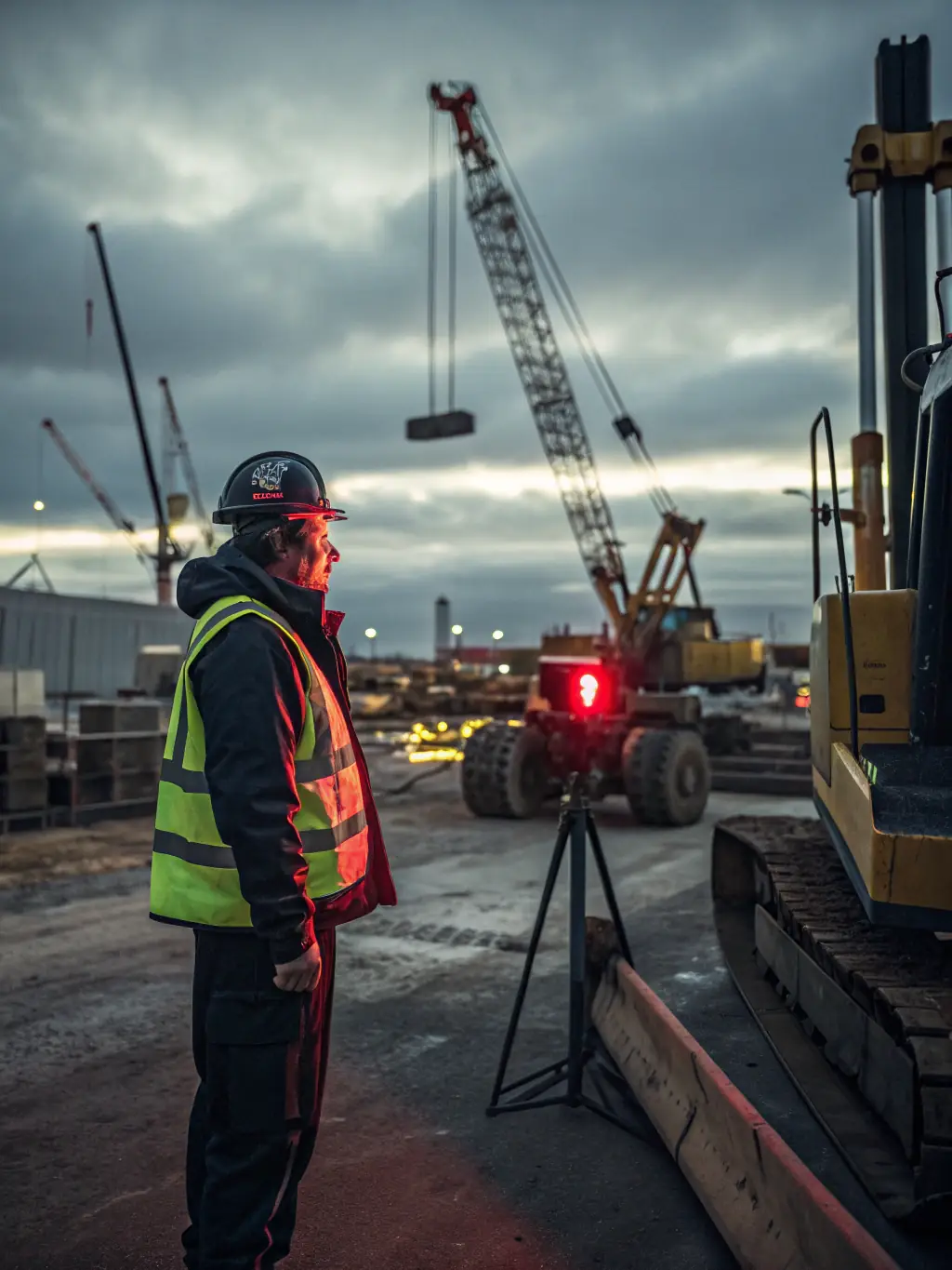 A worker wearing a sensor-equipped vest that monitors vital signs and environmental conditions, ensuring worker well-being and safety in hazardous environments.
