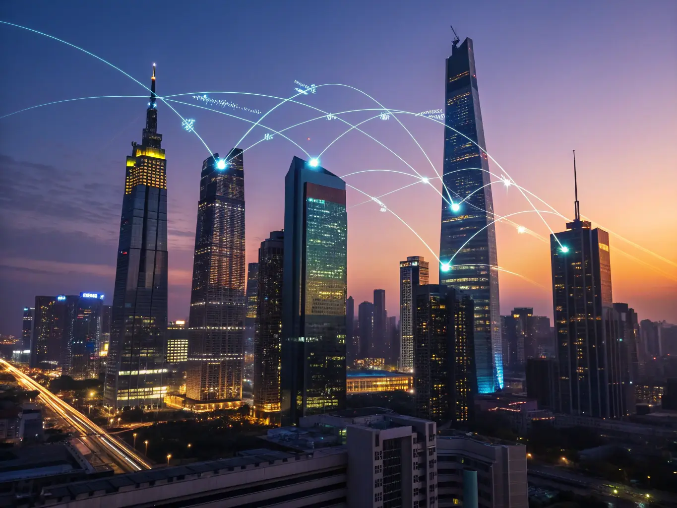A digital illustration depicting a futuristic cityscape with data streams flowing through the buildings, representing predictive infrastructure in action.
