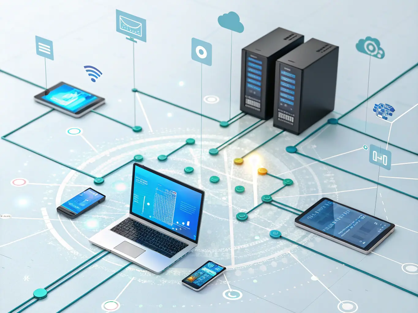A graphic showing a network of interconnected sensors and devices monitoring industrial equipment, representing predictive maintenance in manufacturing.