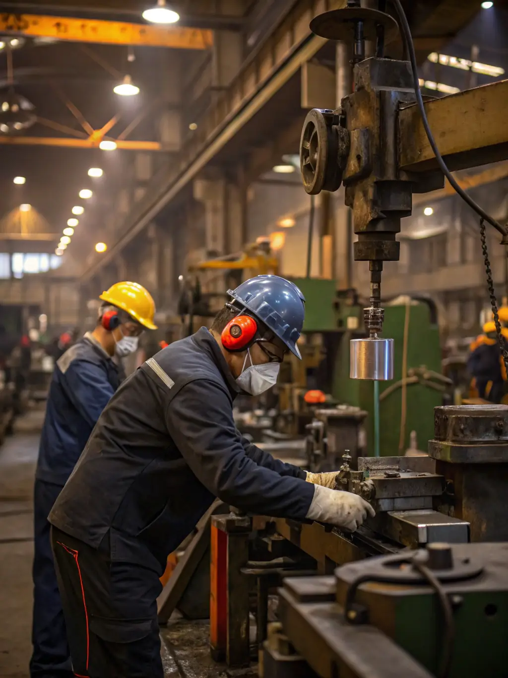 A connected worker wearing a smart helmet in a manufacturing plant, displaying real-time data on the helmet's display, showcasing enhanced situational awareness.